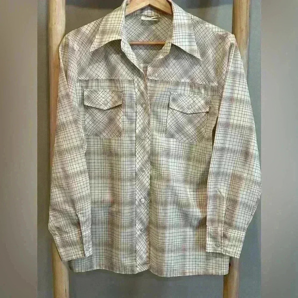 Kmart Other - Vintage 70’s Kmart retro cream/burgundy plaid button down winged dagger collar